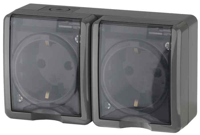 Розетка 2х2P+E IP54, 16АХ-250В, ОУ, Эра Эксперт, серый 11-2403-03