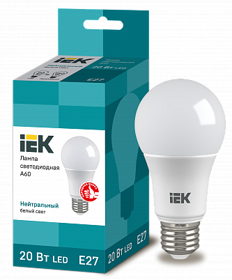 Лампа 20W 230V Е27 4000К А60 светодиодная "IEK" (кор. 100 шт.)
