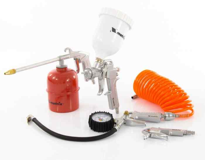 Набор пневмоинструмента MATRIX 5 предметов, бс., краскорасп. с верхним бачком, пистолеты