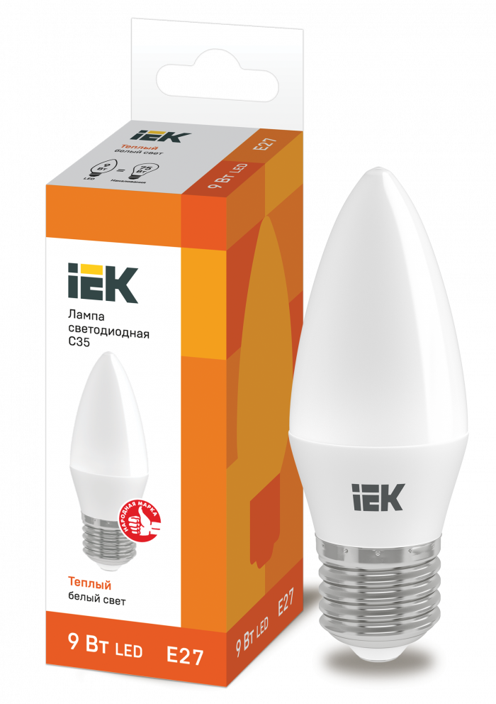 Лампа 9W 230V Е27 3000К С35 светодиодная свеча "IEK"     