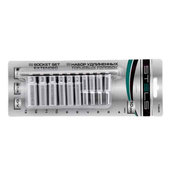 Набор торцевых головок удлиненных 1/4", 6-ти гр., CrV, 10 шт., 4-13 мм Stels