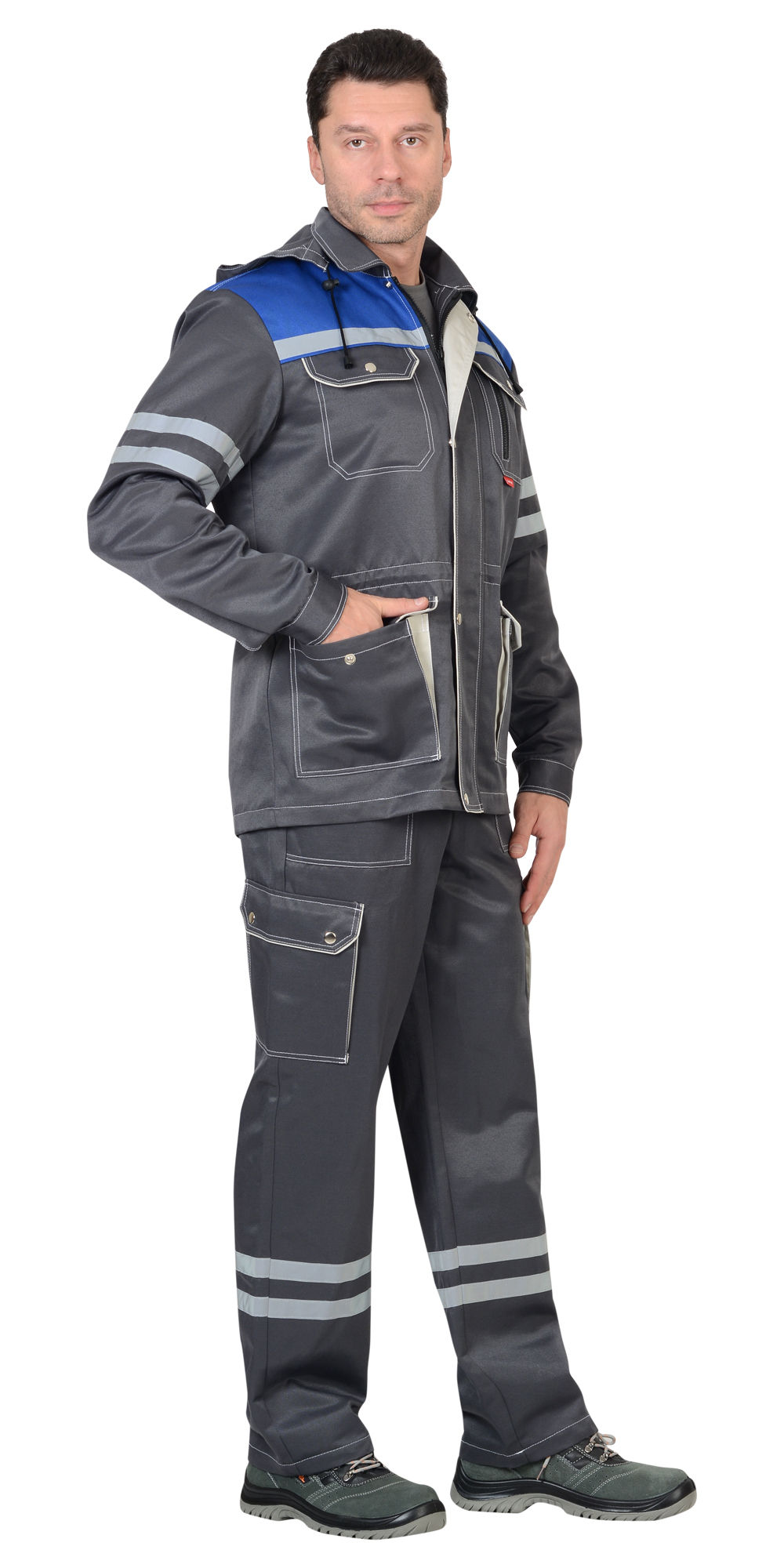 Костюм мужской "Лидер" куртка + п/к серый с васильковым Crown 270 и СОП 25мм 