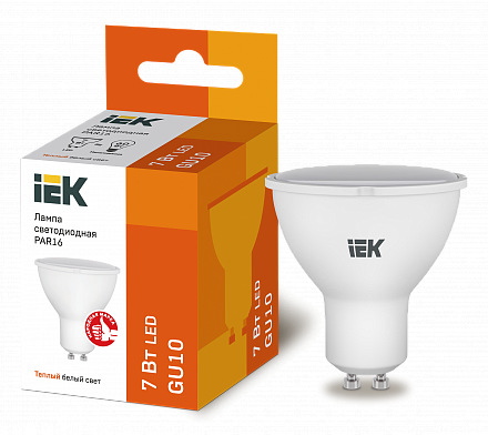 Лампа 7W 175-250V GU10 3000К PAR16 светодиодная "IEK" (кор. 200 шт)