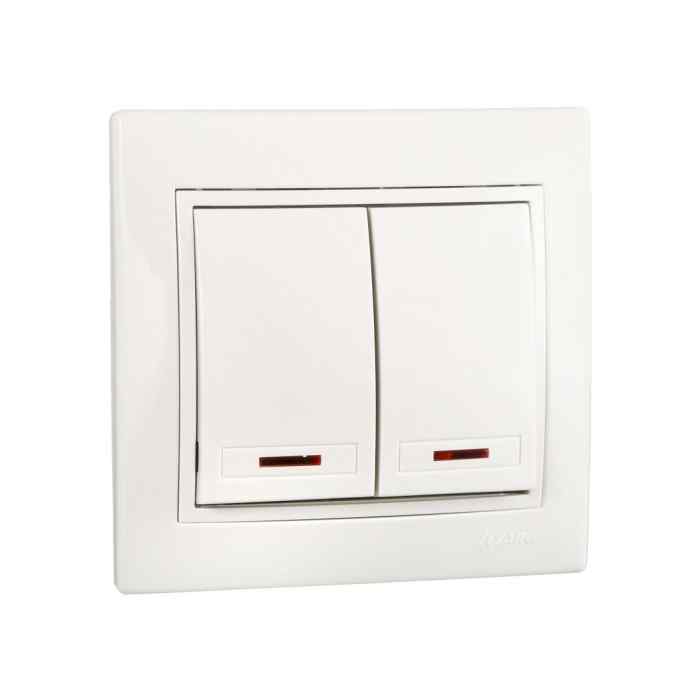 Выключатель 2-клавишный с подсветкой белый Mira "LEZARD"