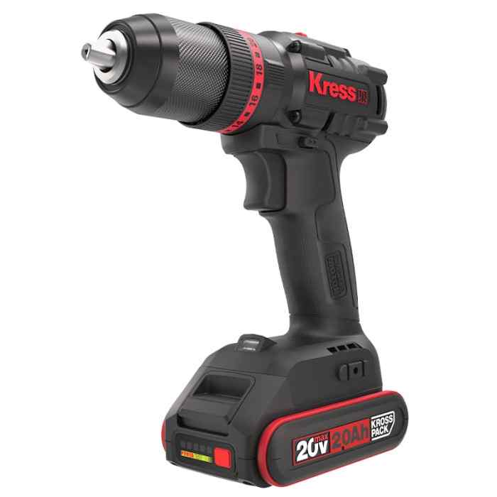Дрель шуруповерт аккум ударная KRESS KUС30.1(20В,б/щ,2АКБ 2Ач и ЗУ,60Нм БЗП13мм, 2 скор,LED, сумка)