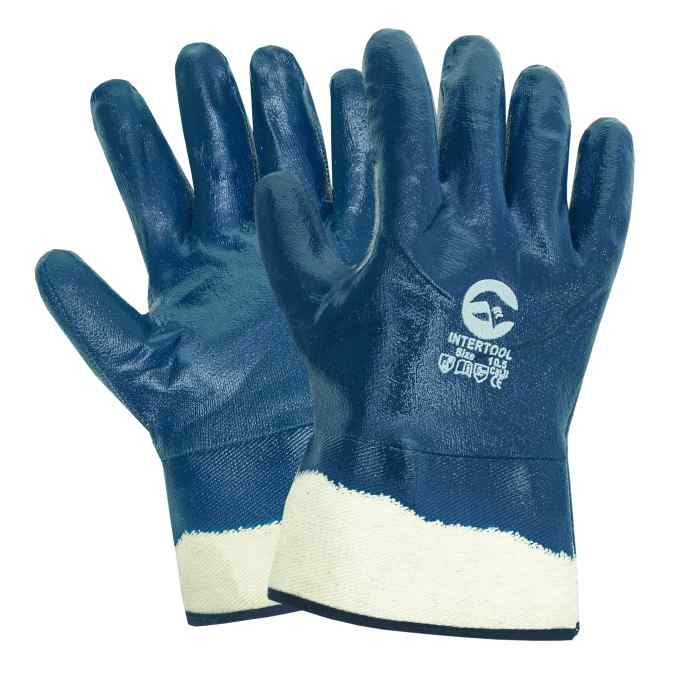 Перчатки трикотажные с полным нитриловым покрытием с манжетами — жесткие краги