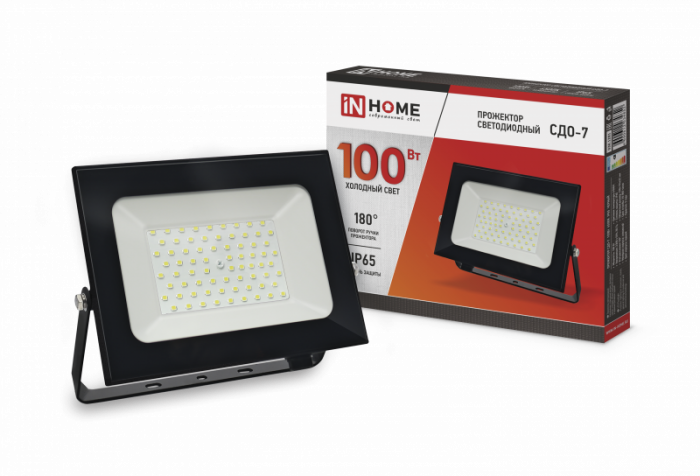 Прожектор светодиодный 100W 6500К IP65 230В СДО-7 Корпус черный. IN HOME