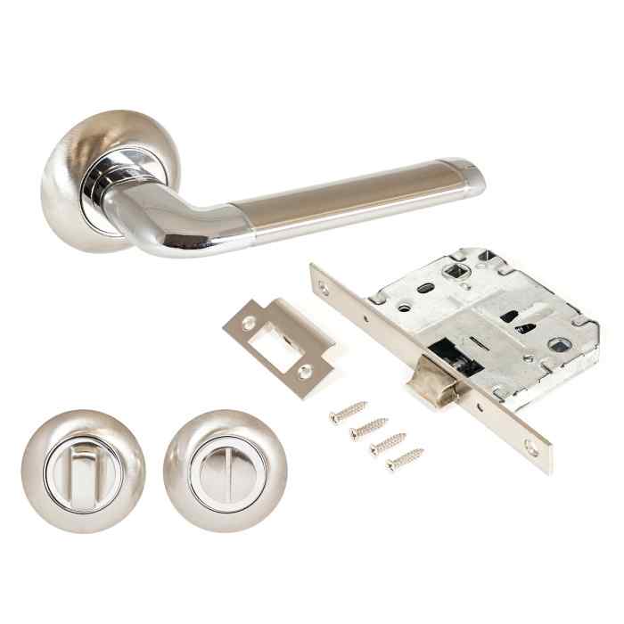 Комплект ручка и защелка с фиксатором АРТ "ПОЛО" SN/CP+L7050S SN+BK-R1 SN мат.ник АЛЛЮР