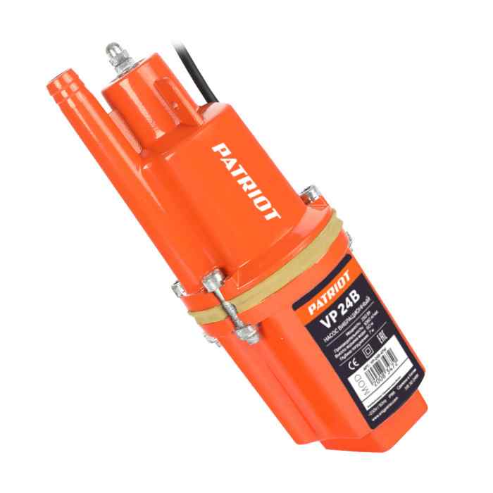 Насос погружной вибрационный PATRIOT VP 24В, верхний забор, кабель 24 м, 300 вт, 18 л/мин, D-96 мм. 