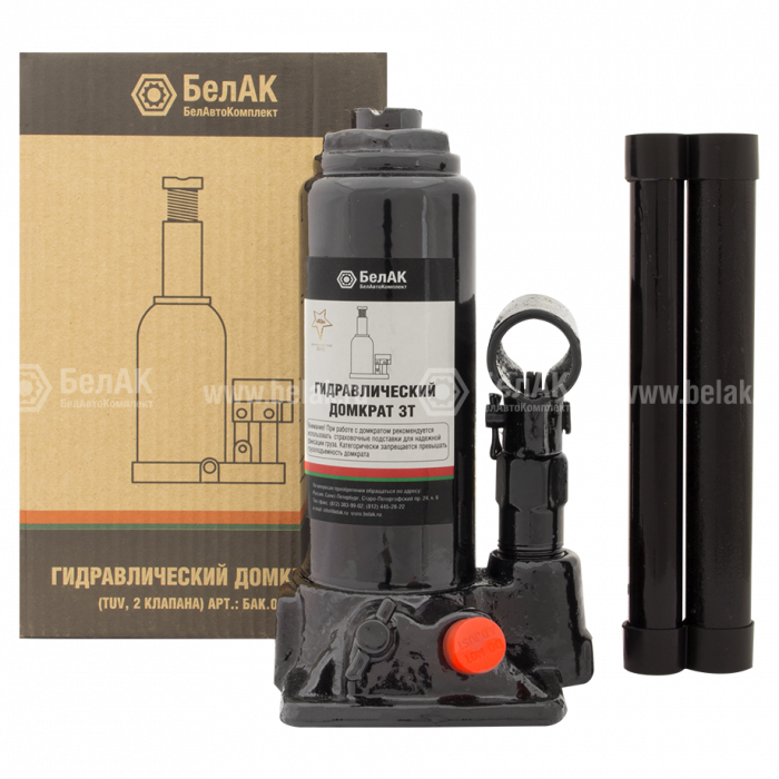 Домкрат гидравлический бутылочный 3т (выс.подъема 160-320мм, 2 клапана) / БелАК 