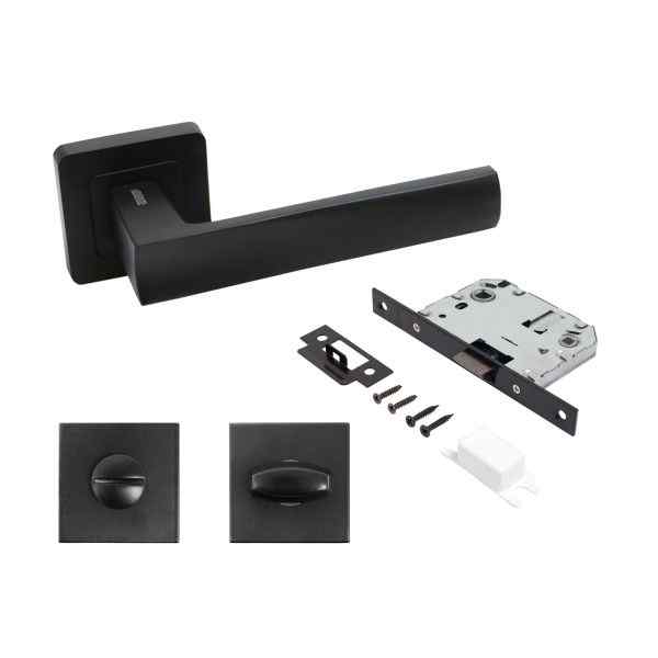 Комплект ручка и защелка с фиксатором АРТ "КОЛОМБО" BL/BL+L7050S BL+BK-S1 BL, матовый черный АЛЛЮР