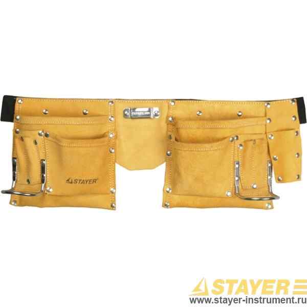 Пояс для инструментов, кожаный, 10 карманов, 2 скобы/STAYER