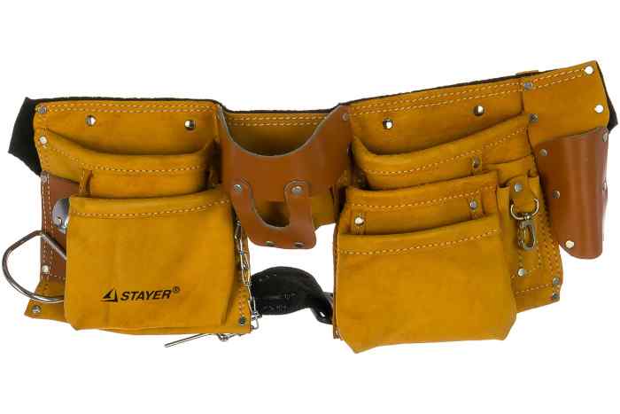 Пояс для инструментов, кожаный, 10 карманов, 3 подвески/STAYER