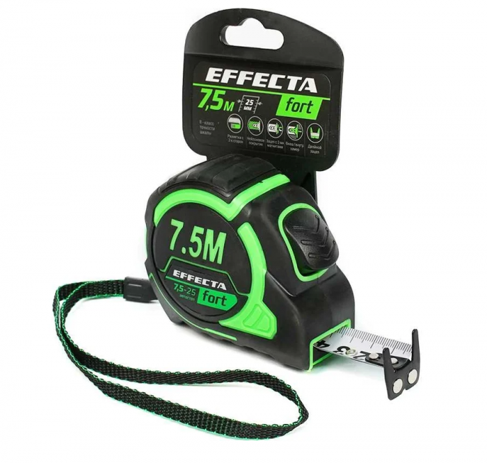 Рулетка Effecta Fort  7,5м/25 мм, магнит, автостоп, лента -2стор шкала- нейлон