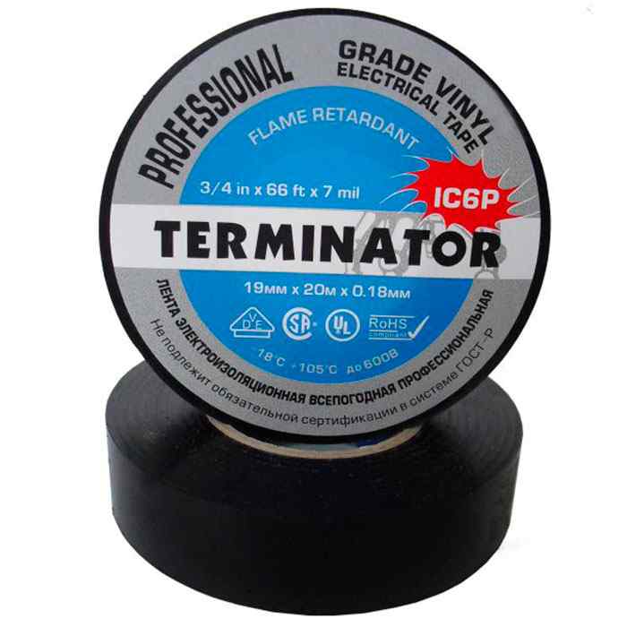 Изолента 19мм/20м (от–18°С до+105°С) черная, огнеупорная, самозатухающая, всепогод. IC6P Terminator