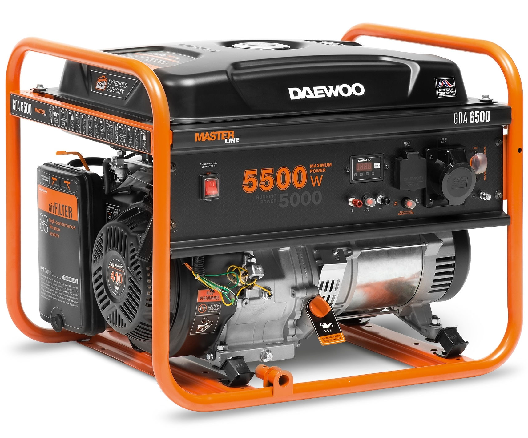 Генератор бензиновый DAEWOO GDA 6500 (1 фазный, 5.5/5.0 кВт, 30л., 65 кг. 13лс.) 